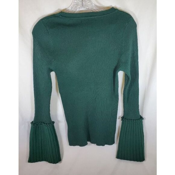 Special One Sweater Women XL Green Ribbed Knit Crewneck Ruffle Flounce Cuff - Picture 2 of 5
